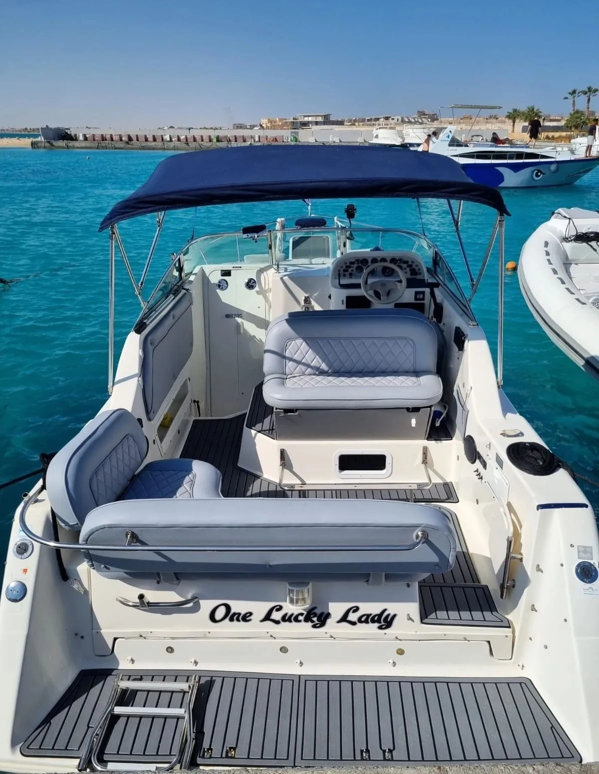 Stern of the boat ready for a private Red Sea fishing day off Hurghada